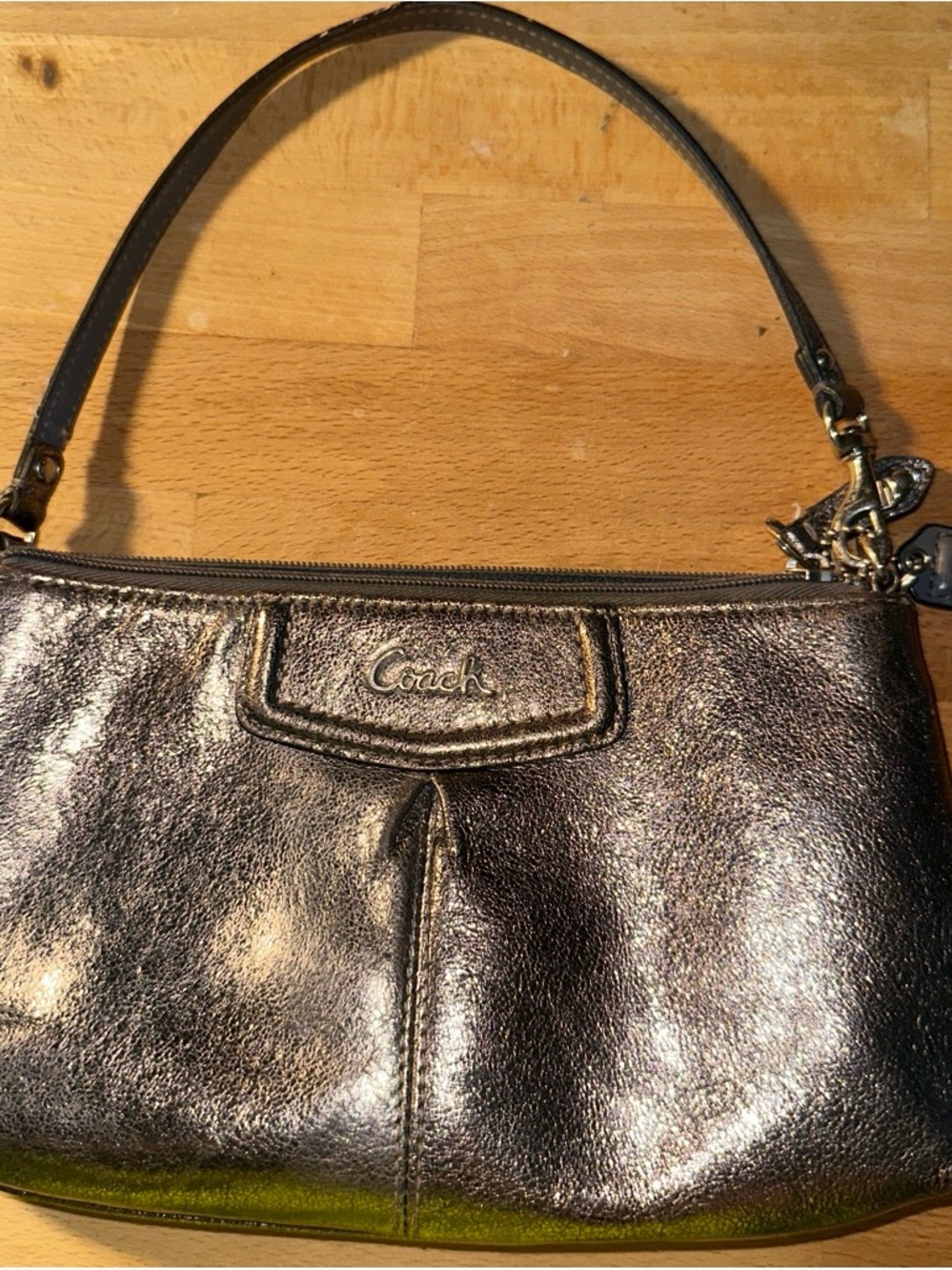 Coach Metallic Pewter Leather Shoulder Wristlet